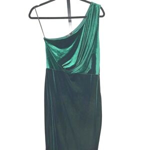 Lulus velvet dress-size Large-green velvet, one shoulder, stretch knee‎ length